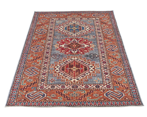 3x5 Gray Rust Kazak Afghan Hand Knotted Geometric Wool Area Rug